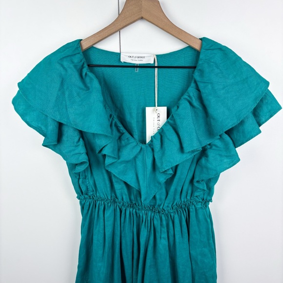 Trina Turk 100% Linen Play Dress Teal Blue Ruffle V Neck Midi Out of Office NEW - Picture 3 of 6